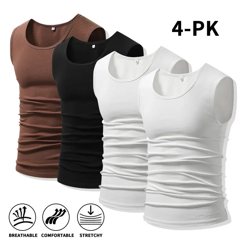 Men's Cotton Muscle Tank Tops, High Elastic Breathable Sleeveless Workout Sports Undershirt, Casual Summer Lifestyle Beater Tops