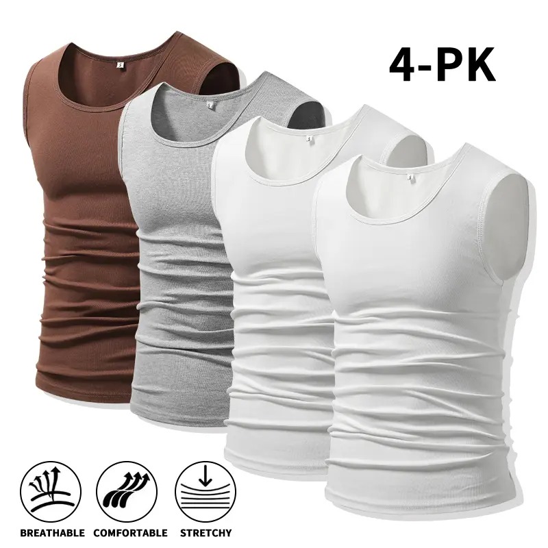 Men's Cotton Muscle Tank Tops, High Elastic Breathable Sleeveless Workout Sports Undershirt, Casual Summer Lifestyle Beater Tops