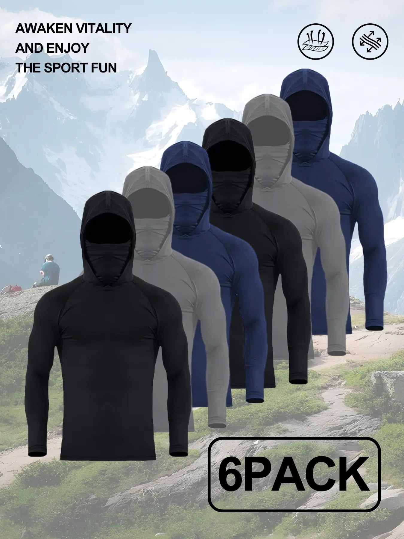 Men's Hooded Compression Shirts with Face Cover, UPF 50+ Quick Dry 4-Way Stretch Long Sleeve Tops, Multi-Occasion Outdoor Sports