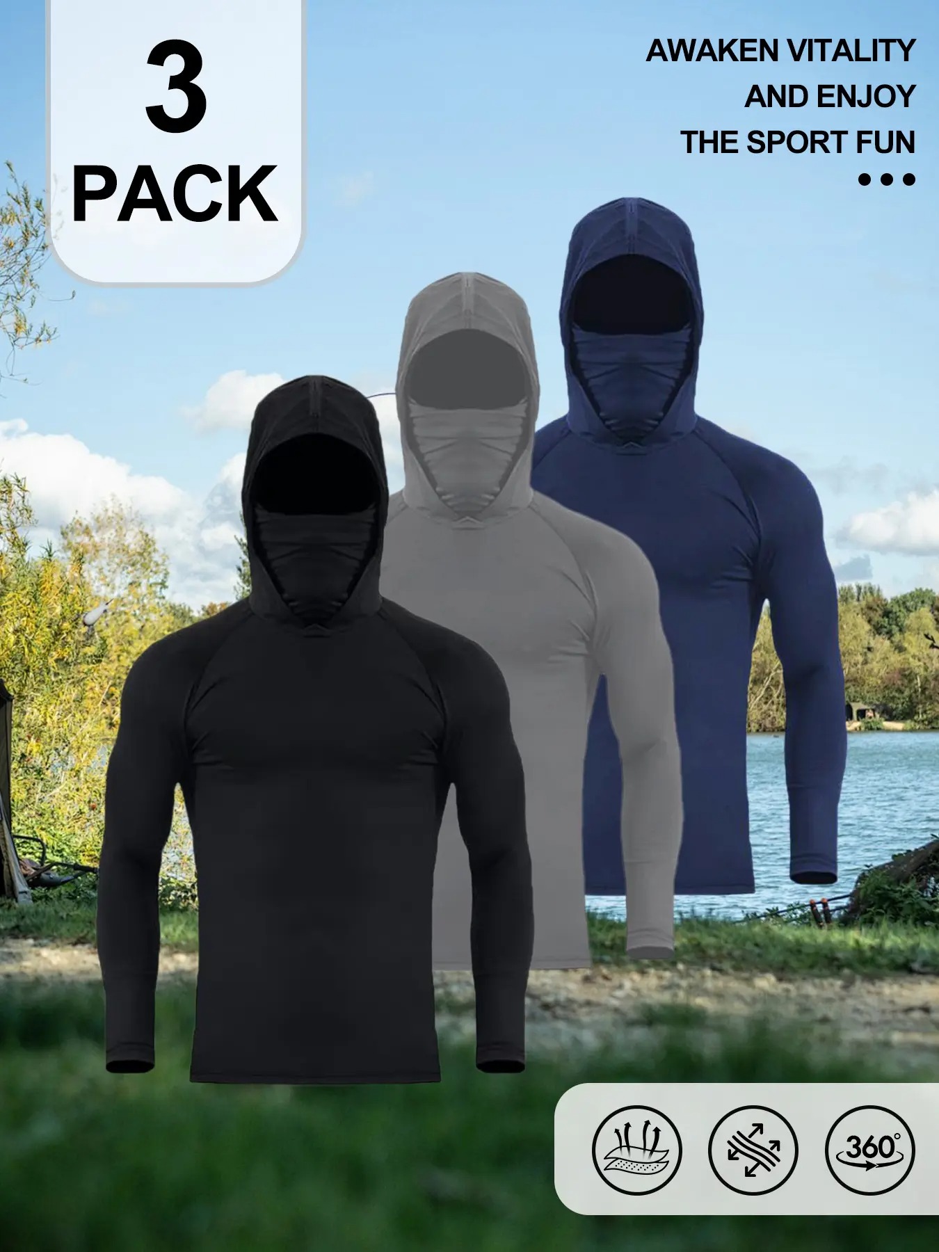 Men's Hooded Compression Shirts with Face Cover, UPF 50+ Quick Dry 4-Way Stretch Long Sleeve Tops, Multi-Occasion Outdoor Sports