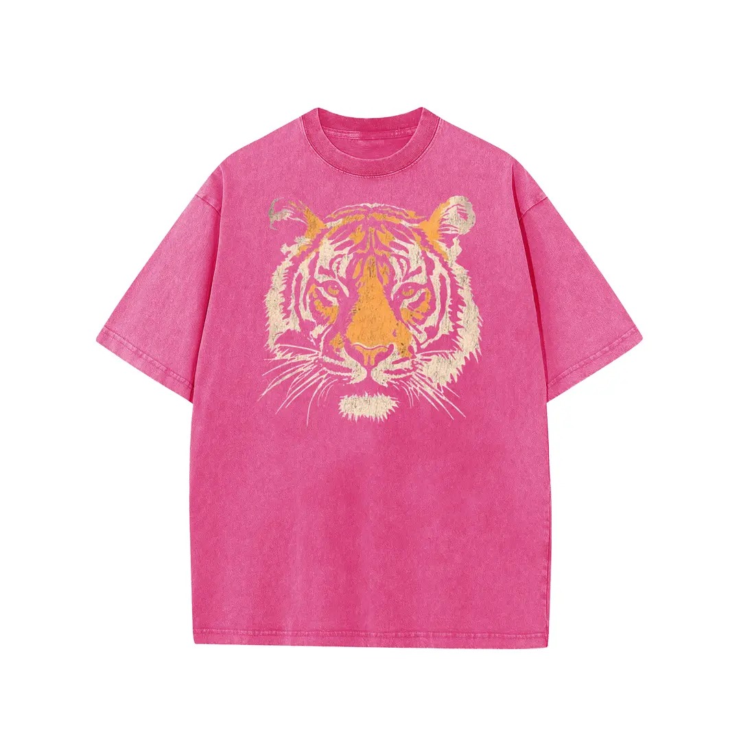 Unisex Vintage Tiger Graphic Short Sleeve T‑Shirt Acid Washed Heavyweight Cotton Oversized Crew Neck Casual