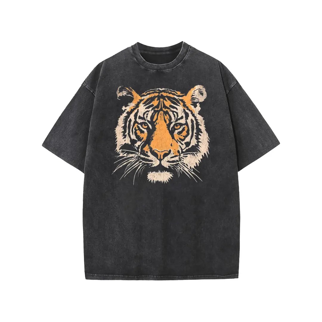 Unisex Vintage Tiger Graphic Short Sleeve T‑Shirt Acid Washed Heavyweight Cotton Oversized Crew Neck Casual