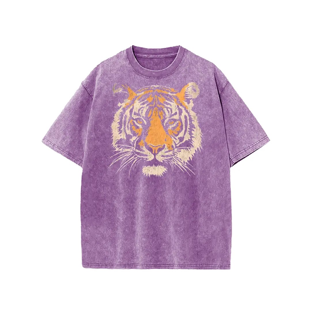 Unisex Vintage Tiger Graphic Short Sleeve T‑Shirt Acid Washed Heavyweight Cotton Oversized Crew Neck Casual