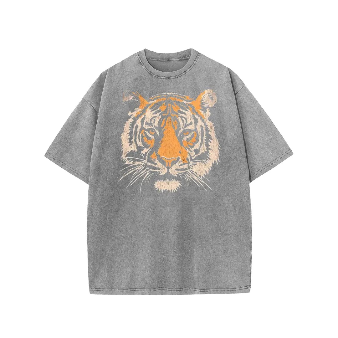 Unisex Vintage Tiger Graphic Short Sleeve T‑Shirt Acid Washed Heavyweight Cotton Oversized Crew Neck Casual