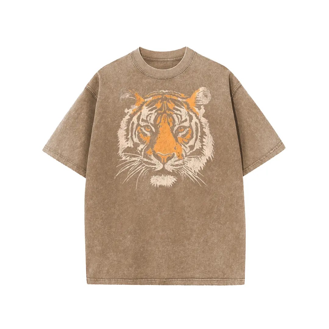 Unisex Vintage Tiger Graphic Short Sleeve T‑Shirt Acid Washed Heavyweight Cotton Oversized Crew Neck Casual
