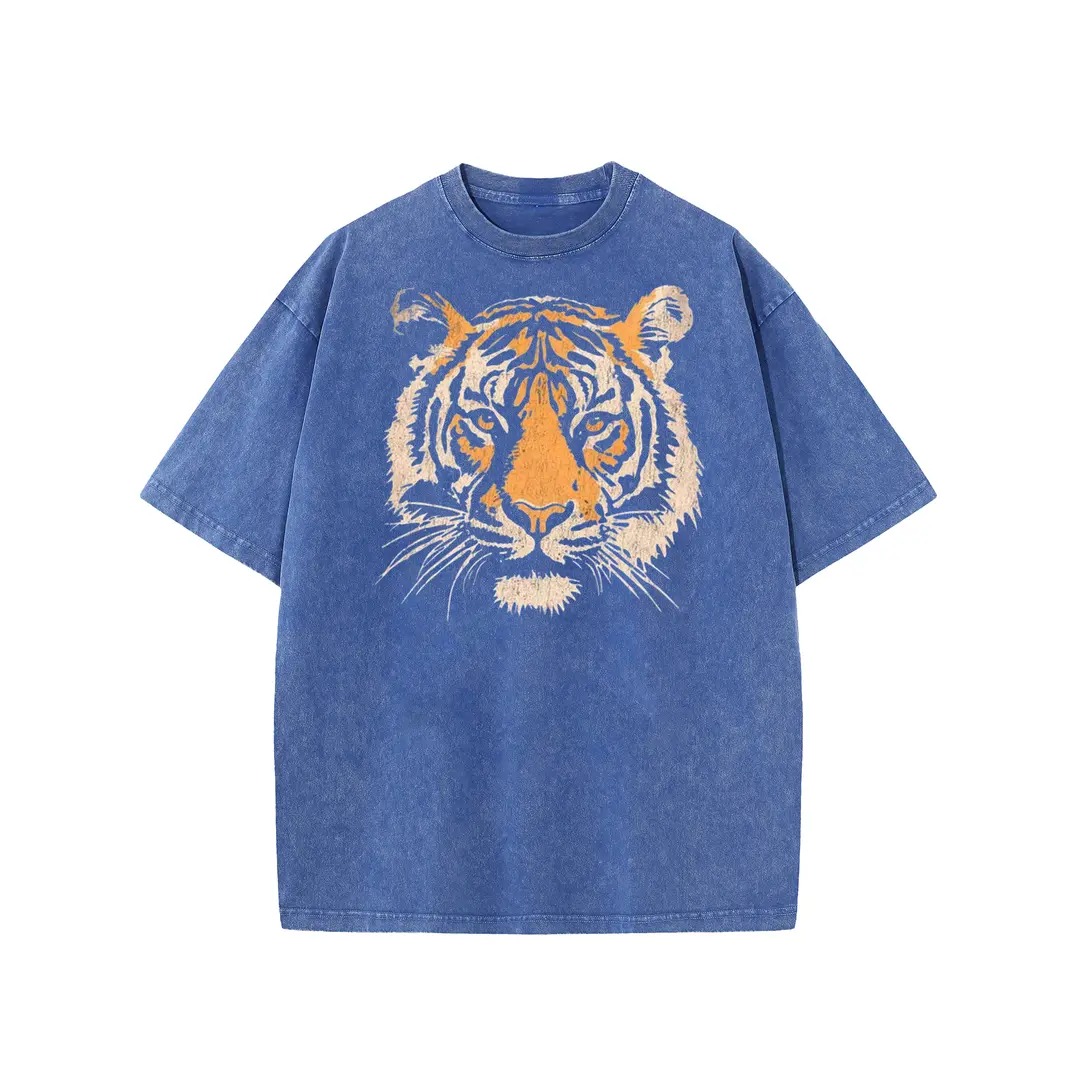 Unisex Vintage Tiger Graphic Short Sleeve T‑Shirt Acid Washed Heavyweight Cotton Oversized Crew Neck Casual