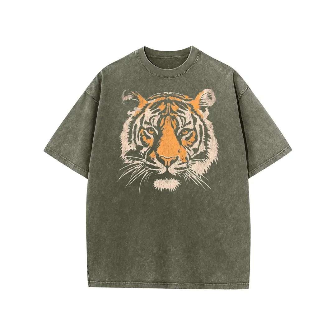 Unisex Vintage Tiger Graphic Short Sleeve T‑Shirt Acid Washed Heavyweight Cotton Oversized Crew Neck Casual
