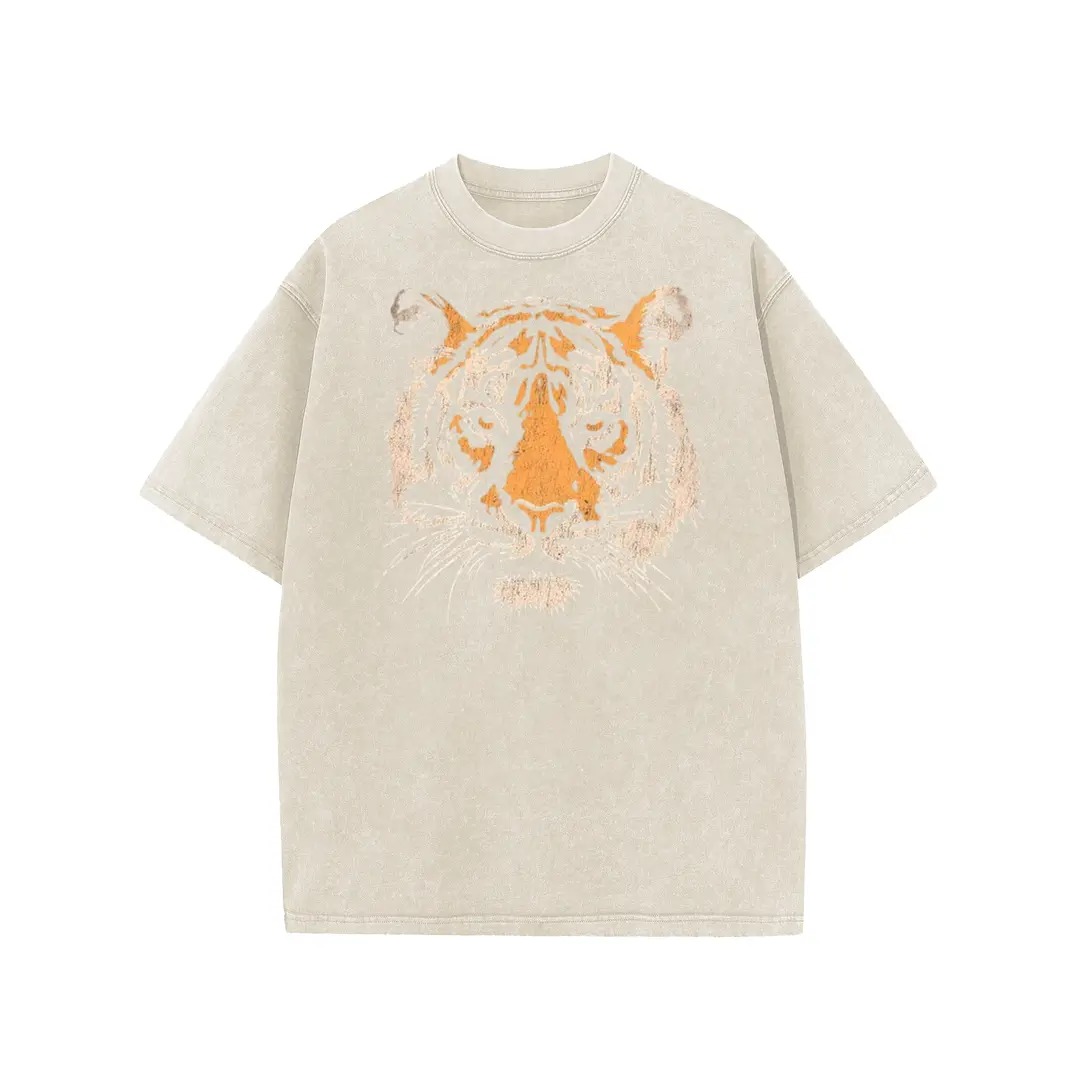 Unisex Vintage Tiger Graphic Short Sleeve T‑Shirt Acid Washed Heavyweight Cotton Oversized Crew Neck Casual