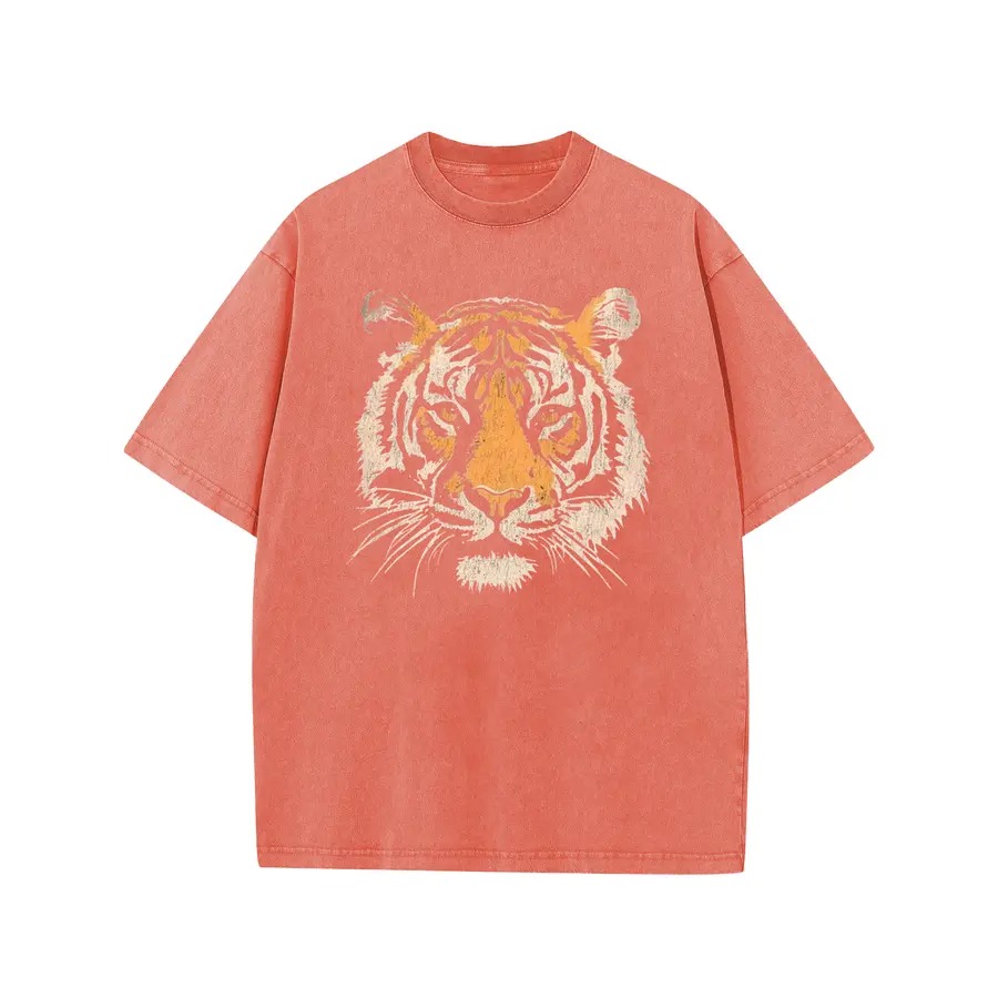Unisex Vintage Tiger Graphic Short Sleeve T‑Shirt Acid Washed Heavyweight Cotton Oversized Crew Neck Casual