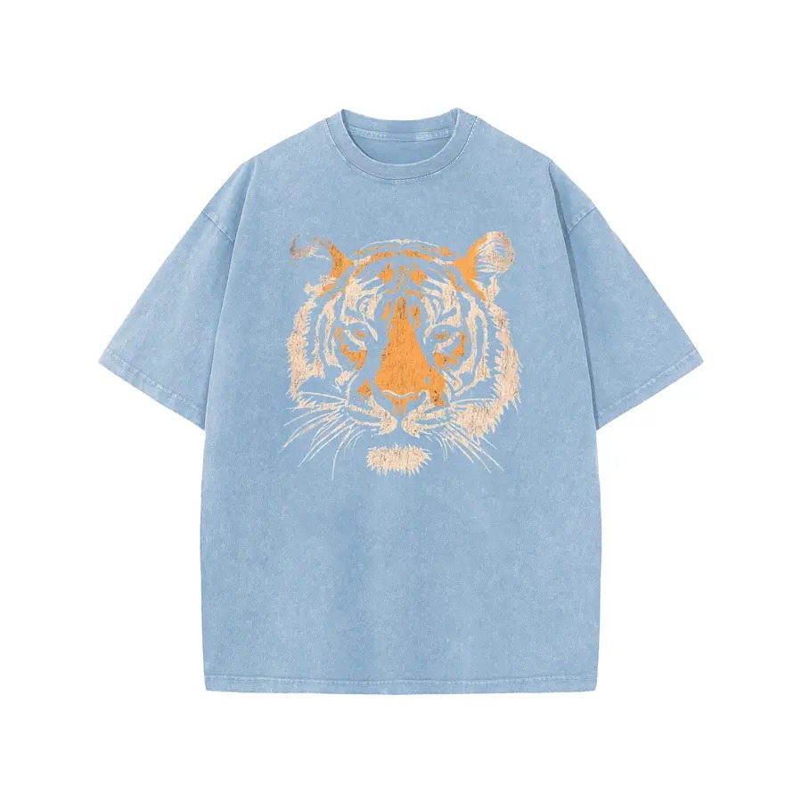 Unisex Vintage Tiger Graphic Short Sleeve T‑Shirt Acid Washed Heavyweight Cotton Oversized Crew Neck Casual