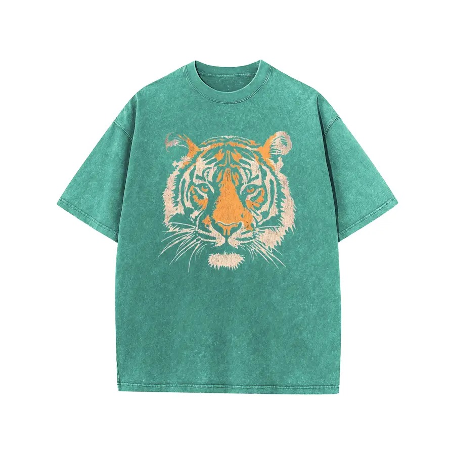 Unisex Vintage Tiger Graphic Short Sleeve T‑Shirt Acid Washed Heavyweight Cotton Oversized Crew Neck Casual
