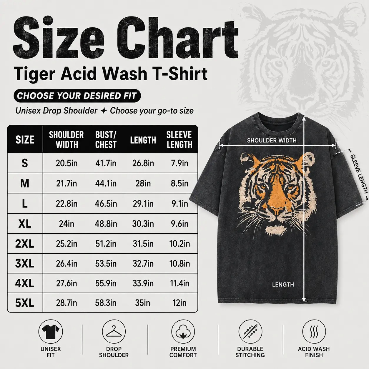 Unisex Vintage Tiger Graphic Short Sleeve T‑Shirt Acid Washed Heavyweight Cotton Oversized Crew Neck Casual