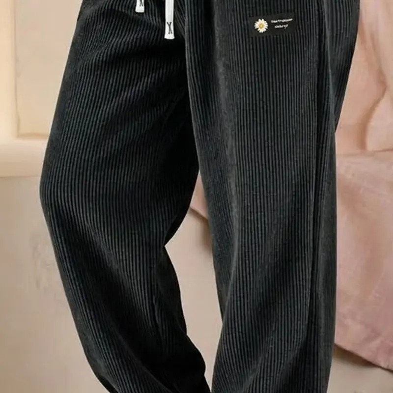 Women's Solid Corduroy Straight Leg Pants Casual All-Season Drawstring Waist Trousers