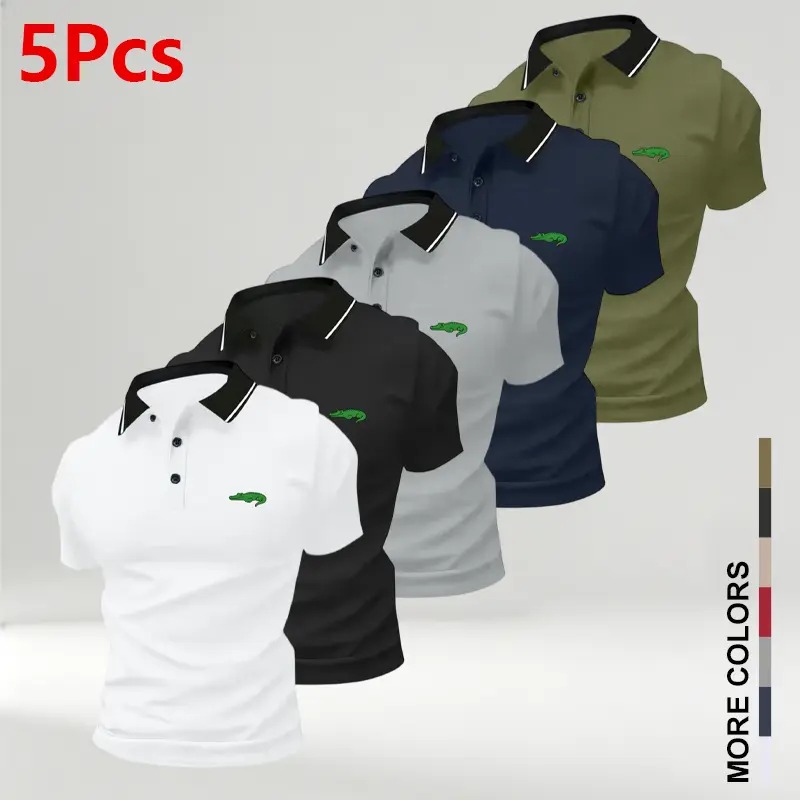 Men's Crocodile Print Polo Shirts, Breathable Anti-Wrinkle Short
