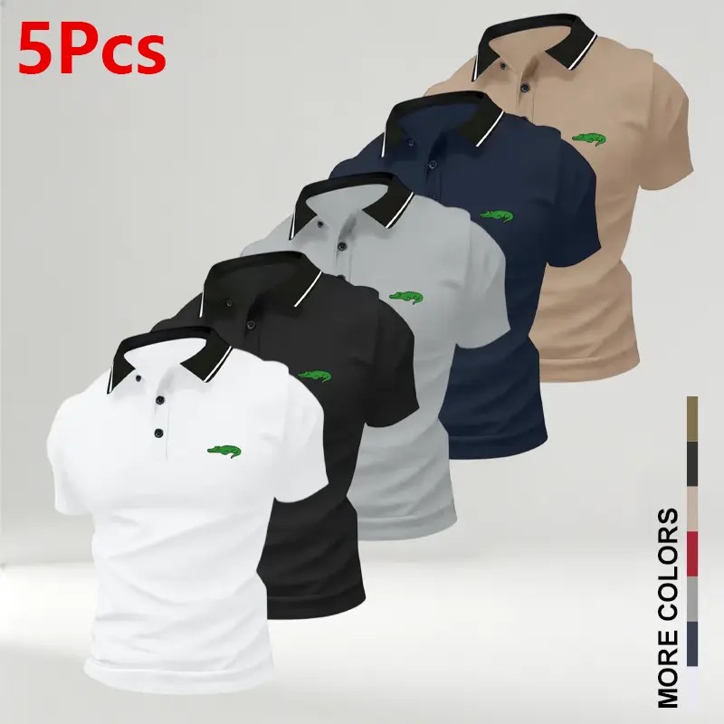 Men's Crocodile Print Polo Shirts, Breathable Anti-Wrinkle Short