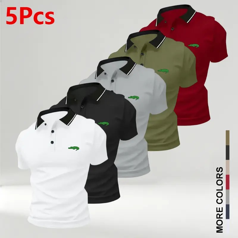 Men's Crocodile Print Polo Shirts, Breathable Anti-Wrinkle Short