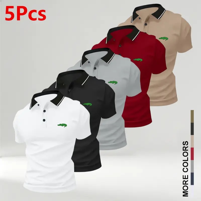 Men's Crocodile Print Polo Shirts, Breathable Anti-Wrinkle Short