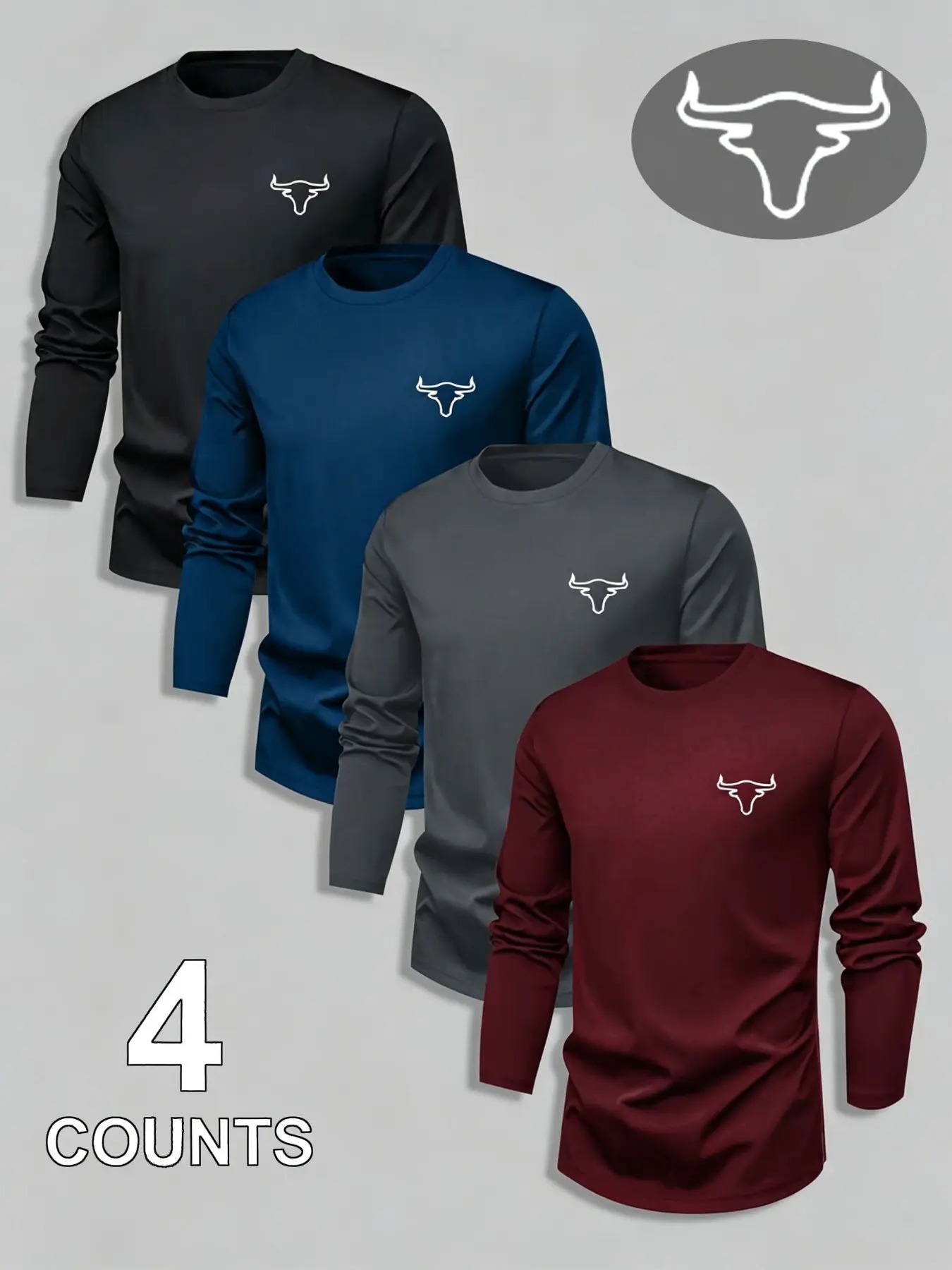 Men's Bull Head Print Long Sleeve T-Shirt, Breathable Athletic Casual Workout Tops