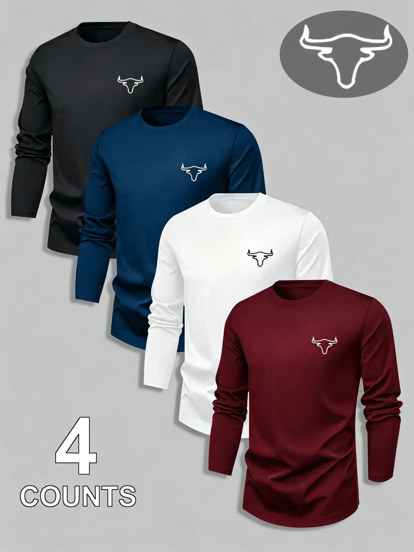 Men's Bull Head Print Long Sleeve T-Shirt, Breathable Athletic Casual Workout Tops
