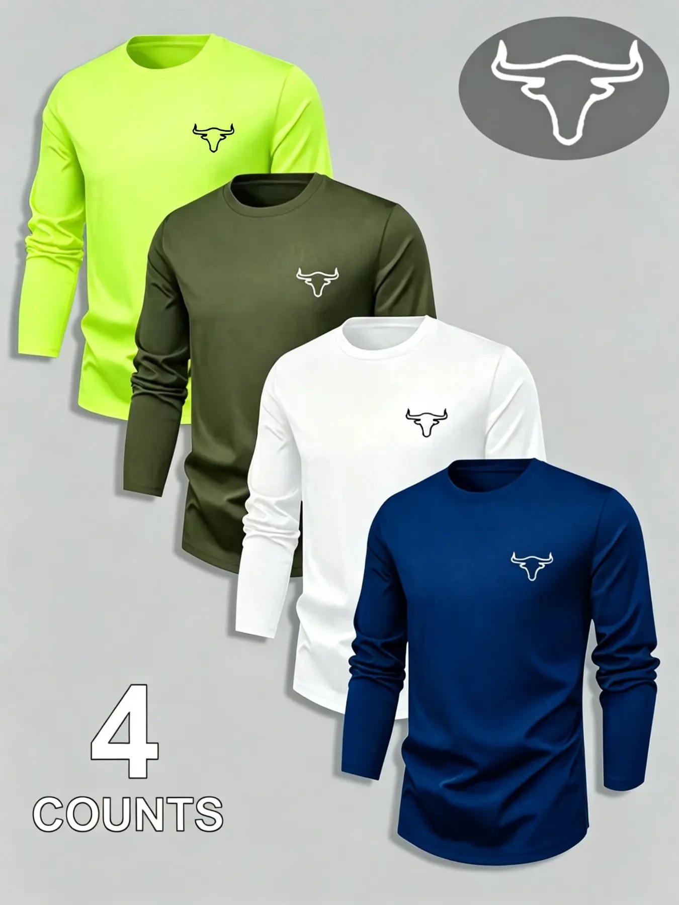 Men's Bull Head Print Long Sleeve T-Shirt, Breathable Athletic Casual Workout Tops