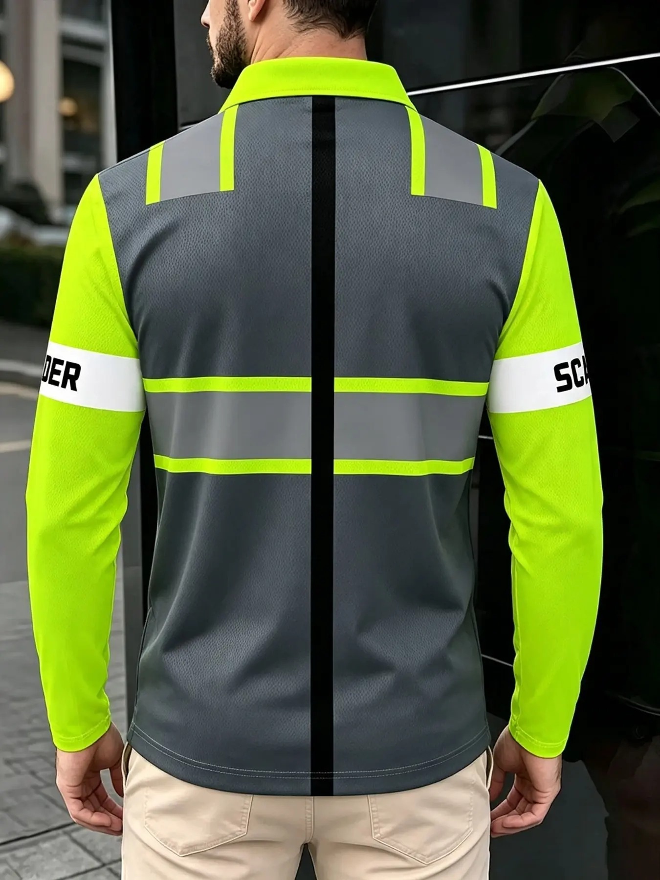 Men's Long Sleeve Safety Knitted Polo Shirt Reflective Fluorescent Stripes Casual Graphic Loose Fit Top
