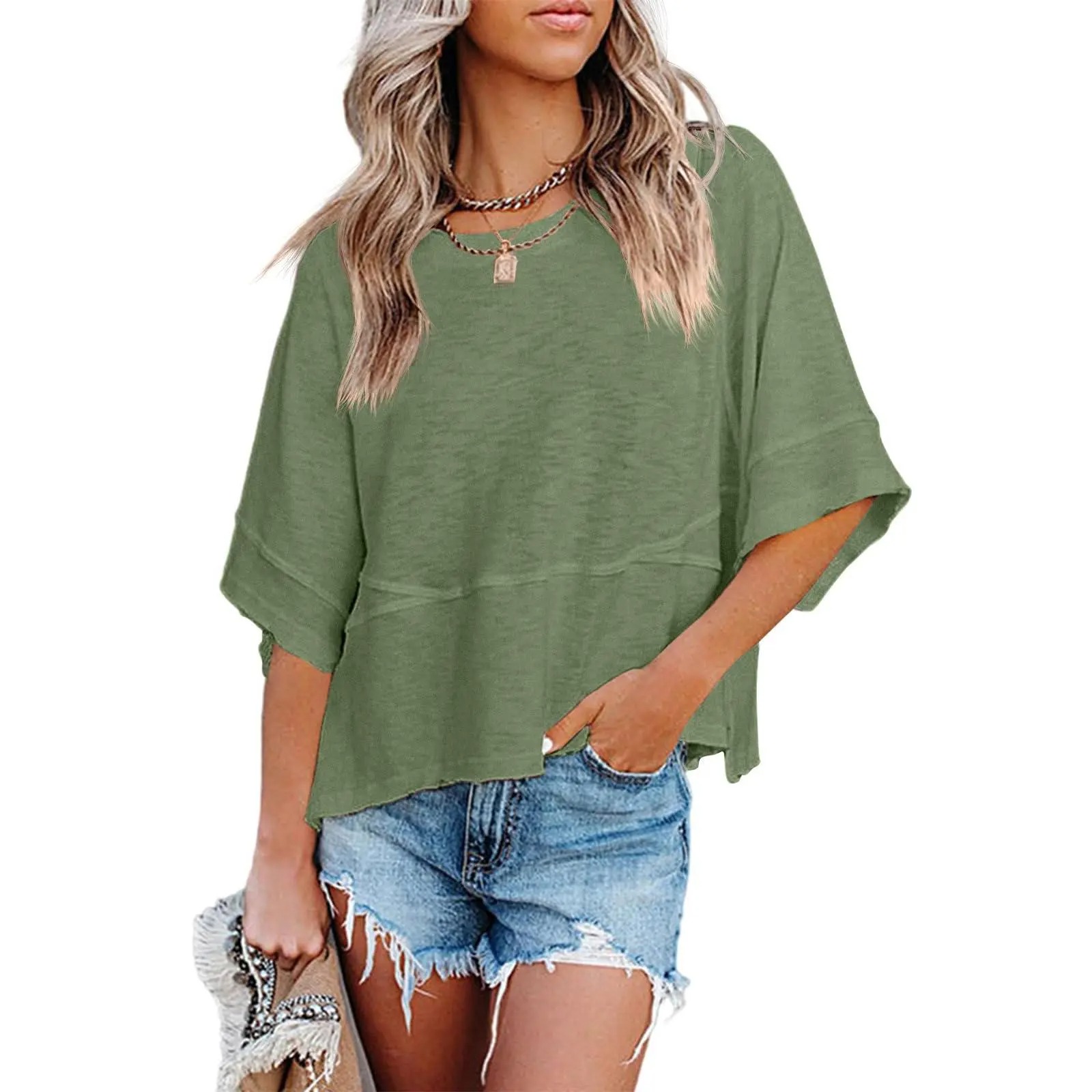 Women's Oversized Batwing Half Sleeve T-Shirt Casual Crewneck Flowy Loose Fit Minimalist Top