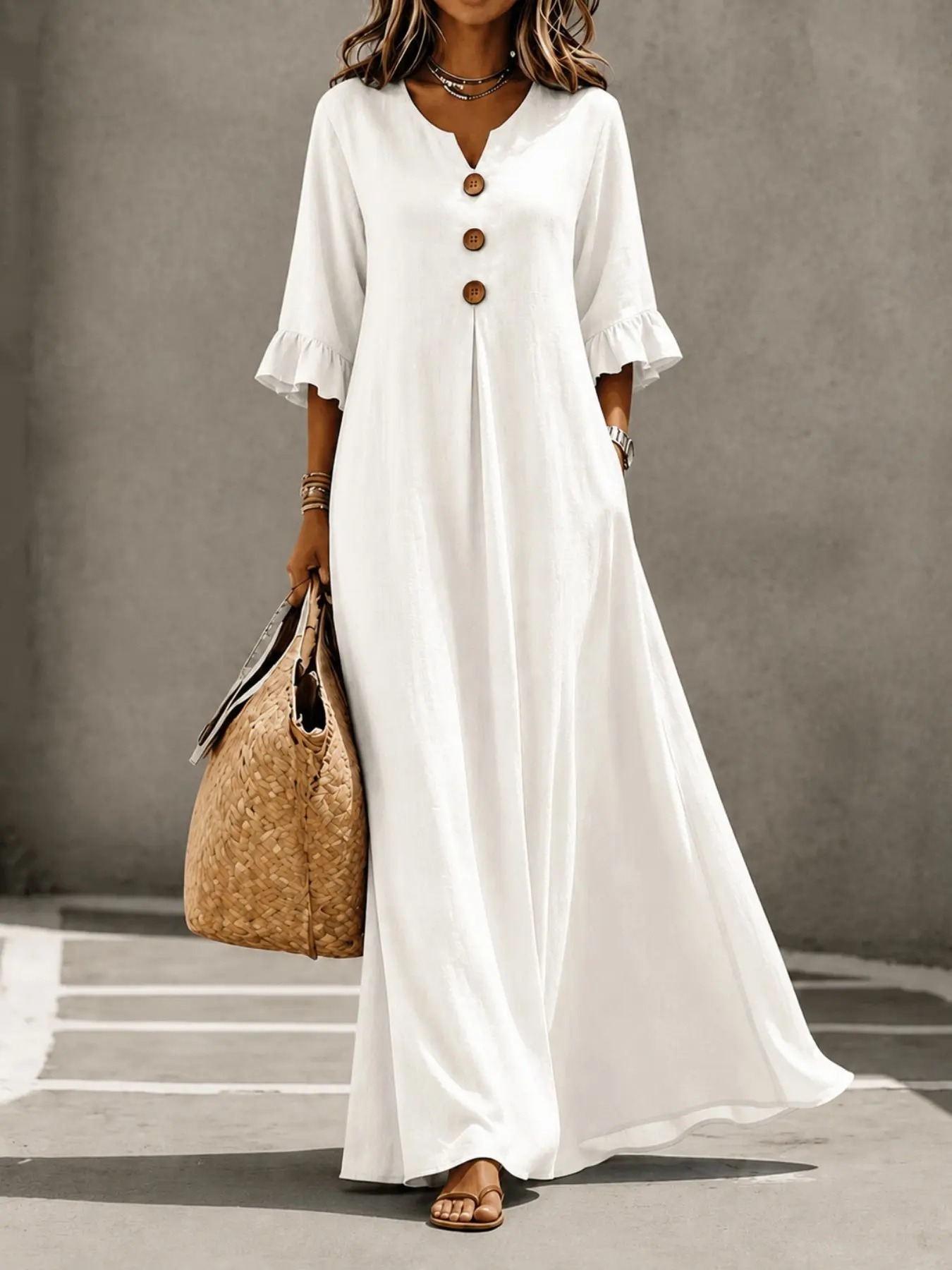Women's Boho Solid V-Neck A-Line Dress, Ruffle Sleeve Casual Loose Flowy Midi Dress with Wooden Buttons