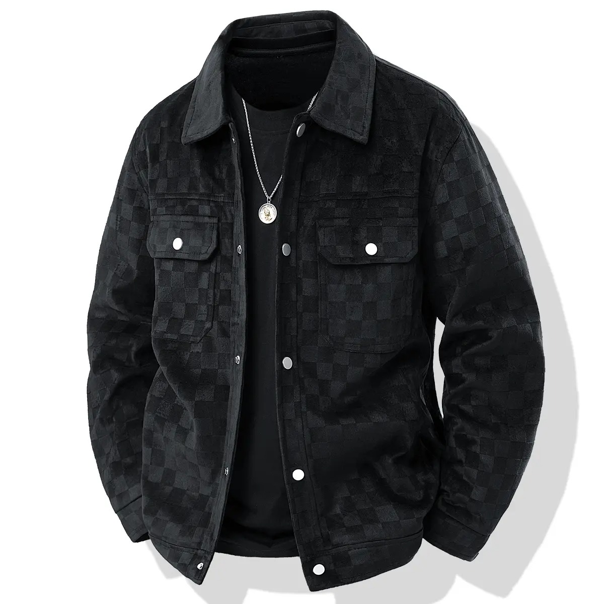 Men's Black Patterned Long Sleeve Jacket Casual Button Closure Top with Front Flap Pocket