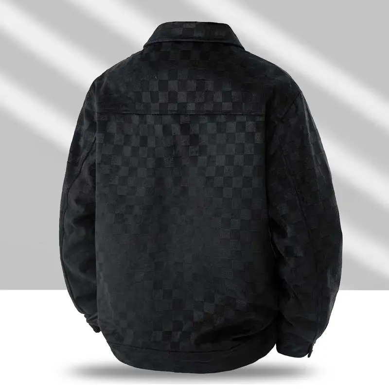 Men's Black Patterned Long Sleeve Jacket Casual Button Closure Top with Front Flap Pocket