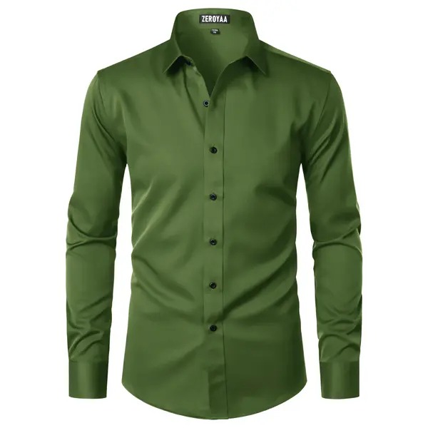 Men's Modern Slim Fit Satin Button‑Up Dress Shirt Wrinkle‑Free Smooth Long Sleeve Shirt