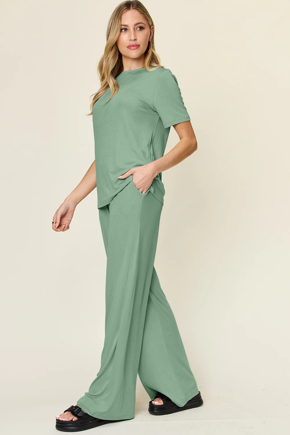 Full Size Round Neck Short Sleeve T-Shirt and Wide Leg Pants Set