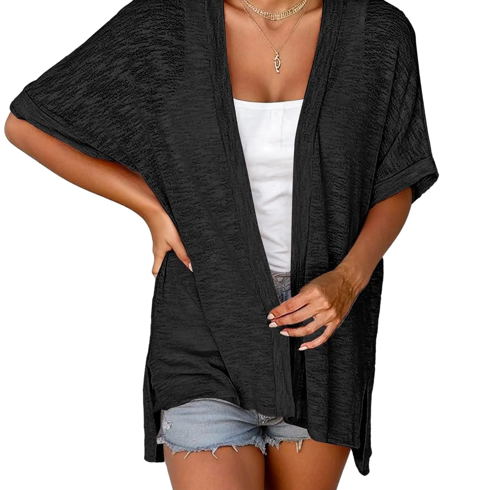 Women's Oversized Short Sleeve Open Front Knit Cardigan Lightweight Summer Beach Cover Up Casual Batwing Knit Top