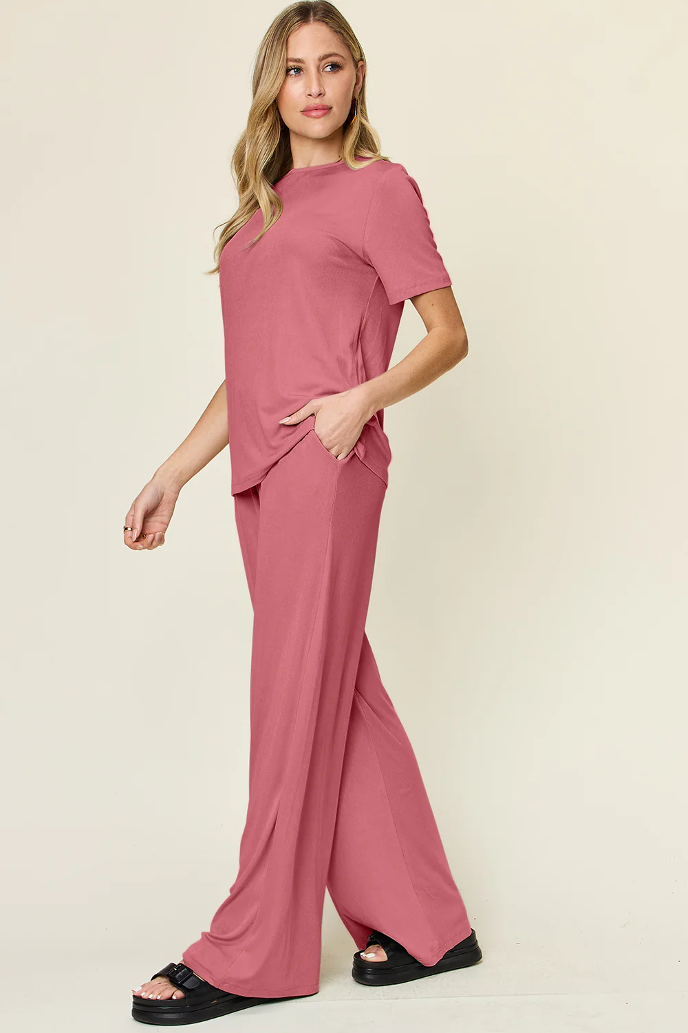 Full Size Round Neck Short Sleeve T-Shirt and Wide Leg Pants Set