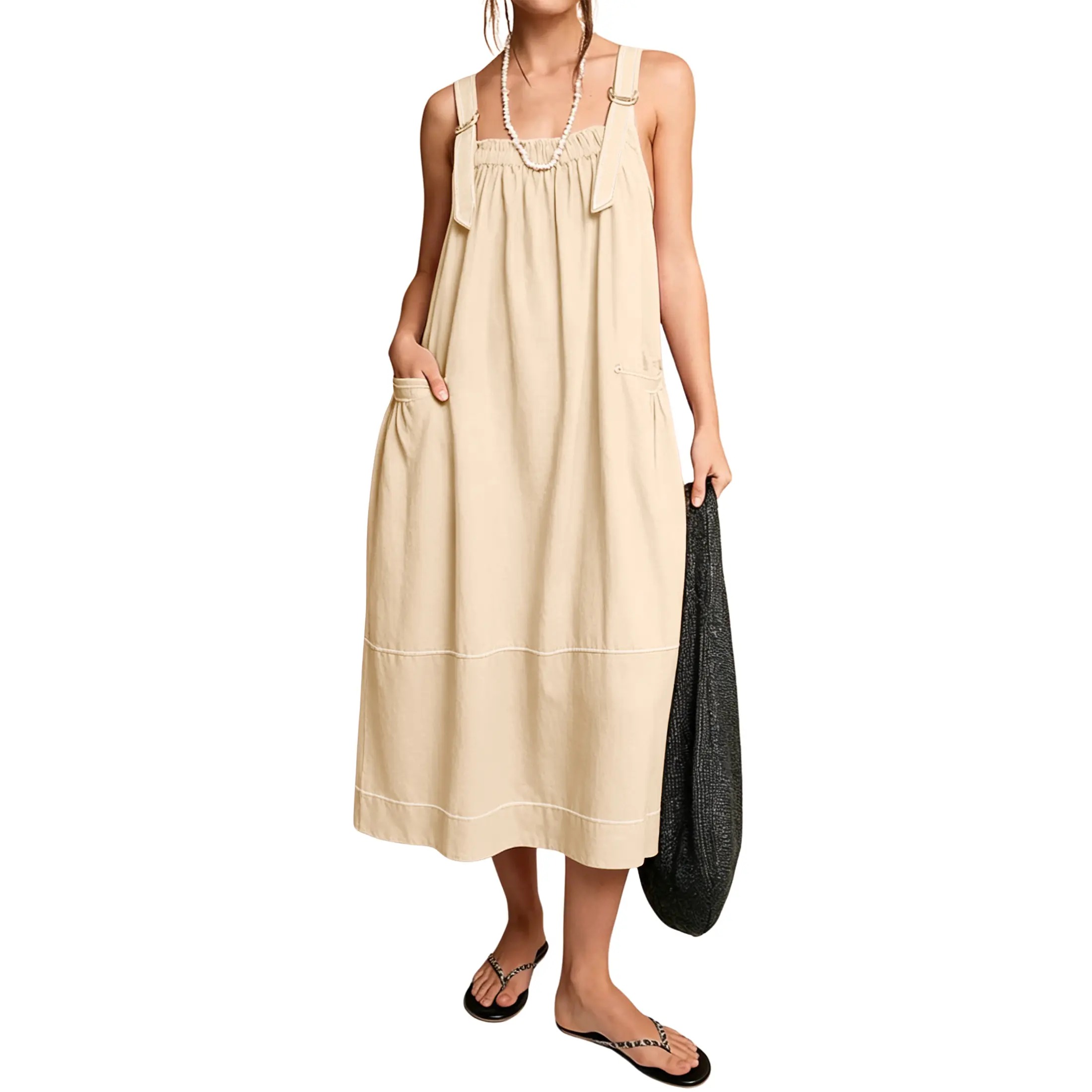 Women's Adjustable Straps Barrel Midi Dress Sleeveless Casual Midi Dress with Side Pockets for Summer Beach Vacation