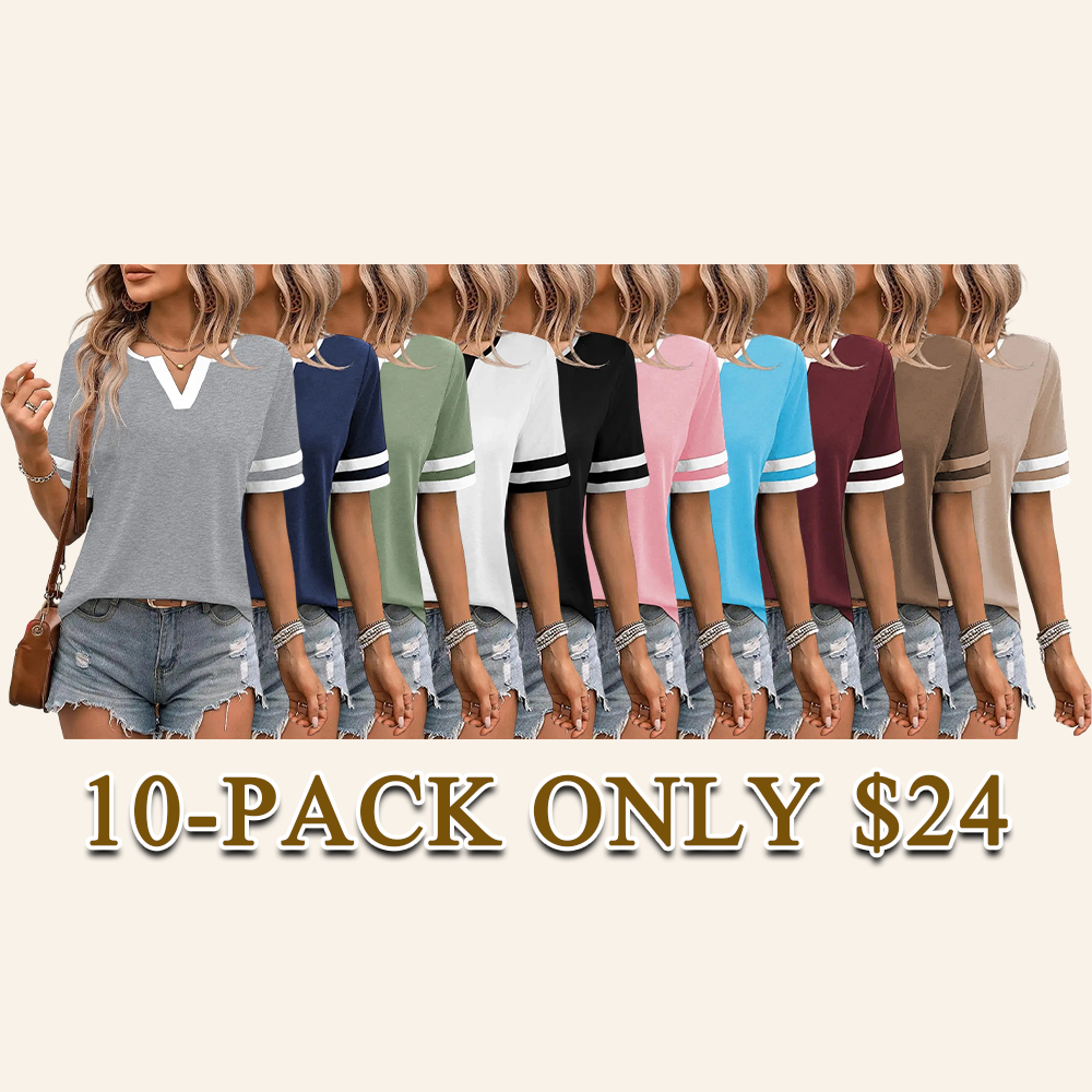 Women's V-Neck Striped Short Sleeve Top Fitted Cotton Blend Breathable Summer Daily Wear Blouse