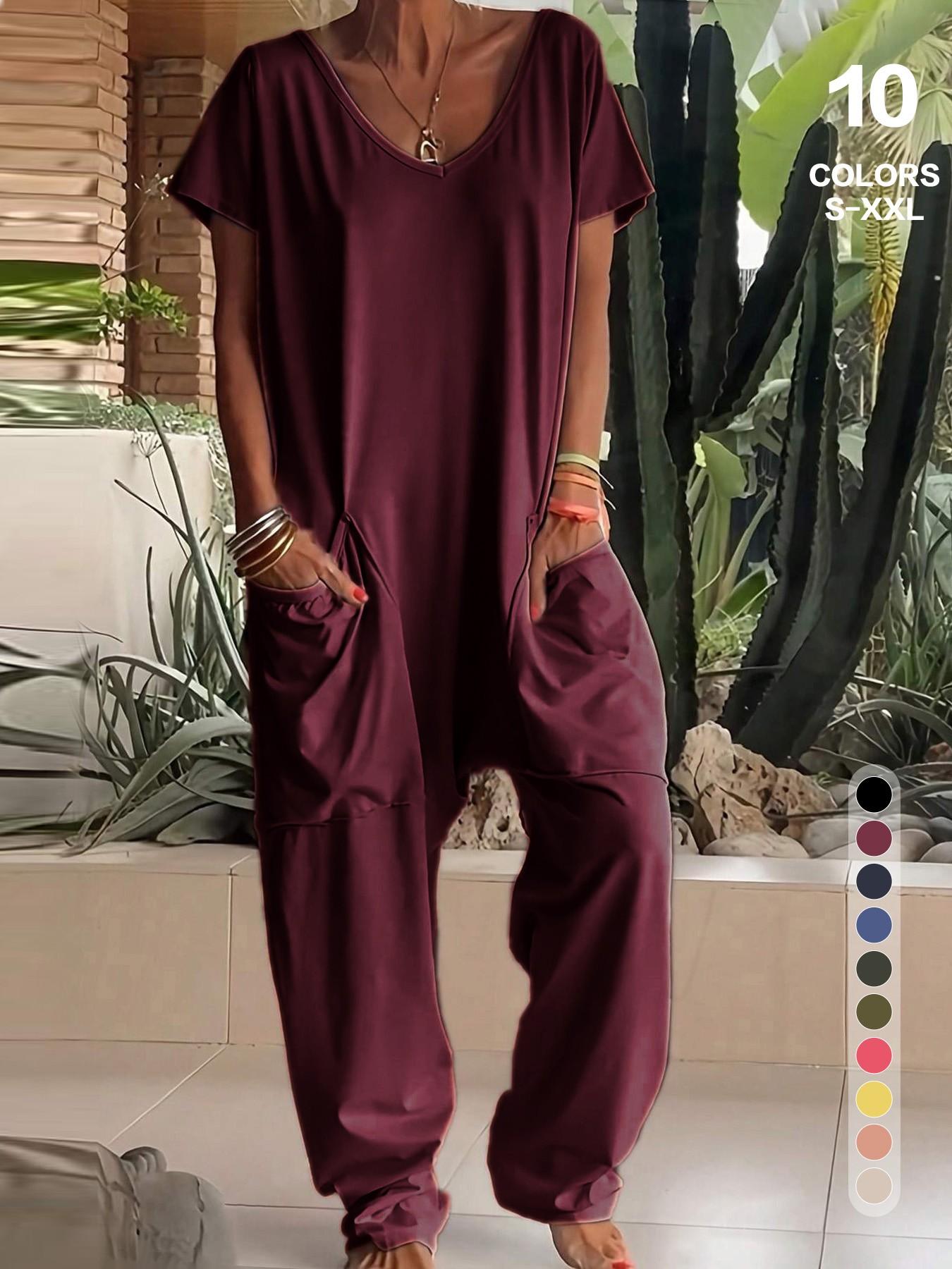 Women's Basic V-Neck Short Sleeve Jumpsuit - Casual Loose Wide Leg Romper with Pockets