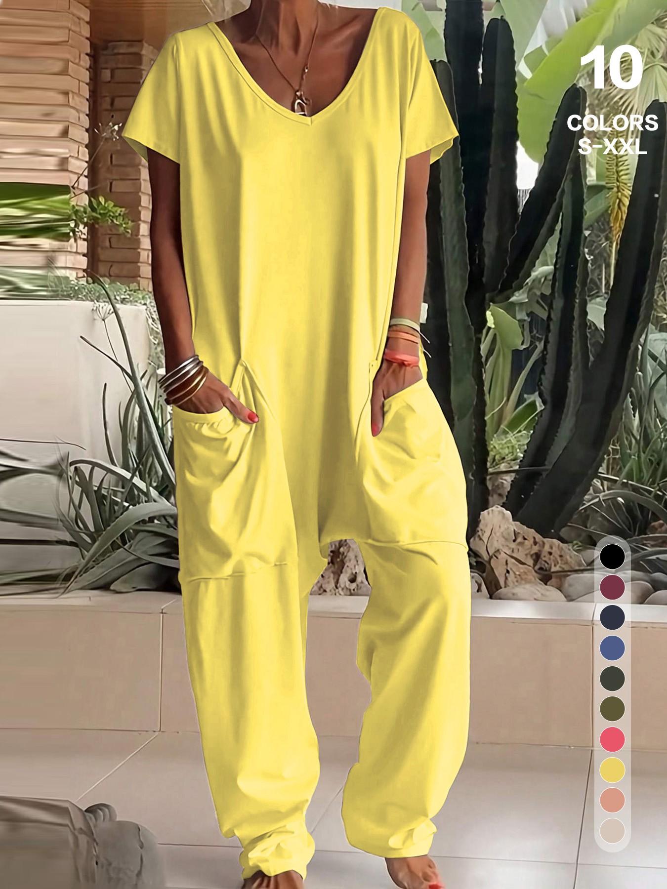 Women's Basic V-Neck Short Sleeve Jumpsuit - Casual Loose Wide Leg Romper with Pockets