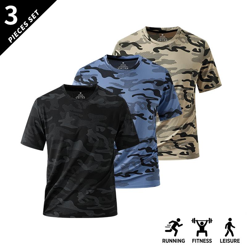 Teenage Boys' Clothing 5-Pack Camo Print Shirts - Crew Neck, Short-Sleeve, Stretch, Breathable Casual Mens' Tops for Fitness, Outdoor Everyday Wear, Camo Print Shirt