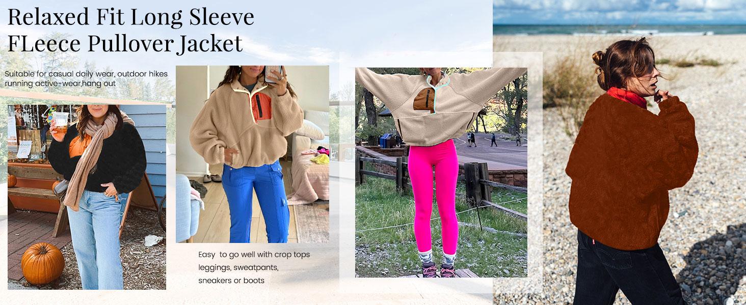 Naeduo Women's Lightweight Colorblock Fleece Jacket, Cropped Sherpa Pullover Fashion Apparel with Pockets, Soft Fleece Feels Gentle, Casual, Long Sleeve, Colorblock Pattern, Layering Ready, Clothes, Trending Clothes