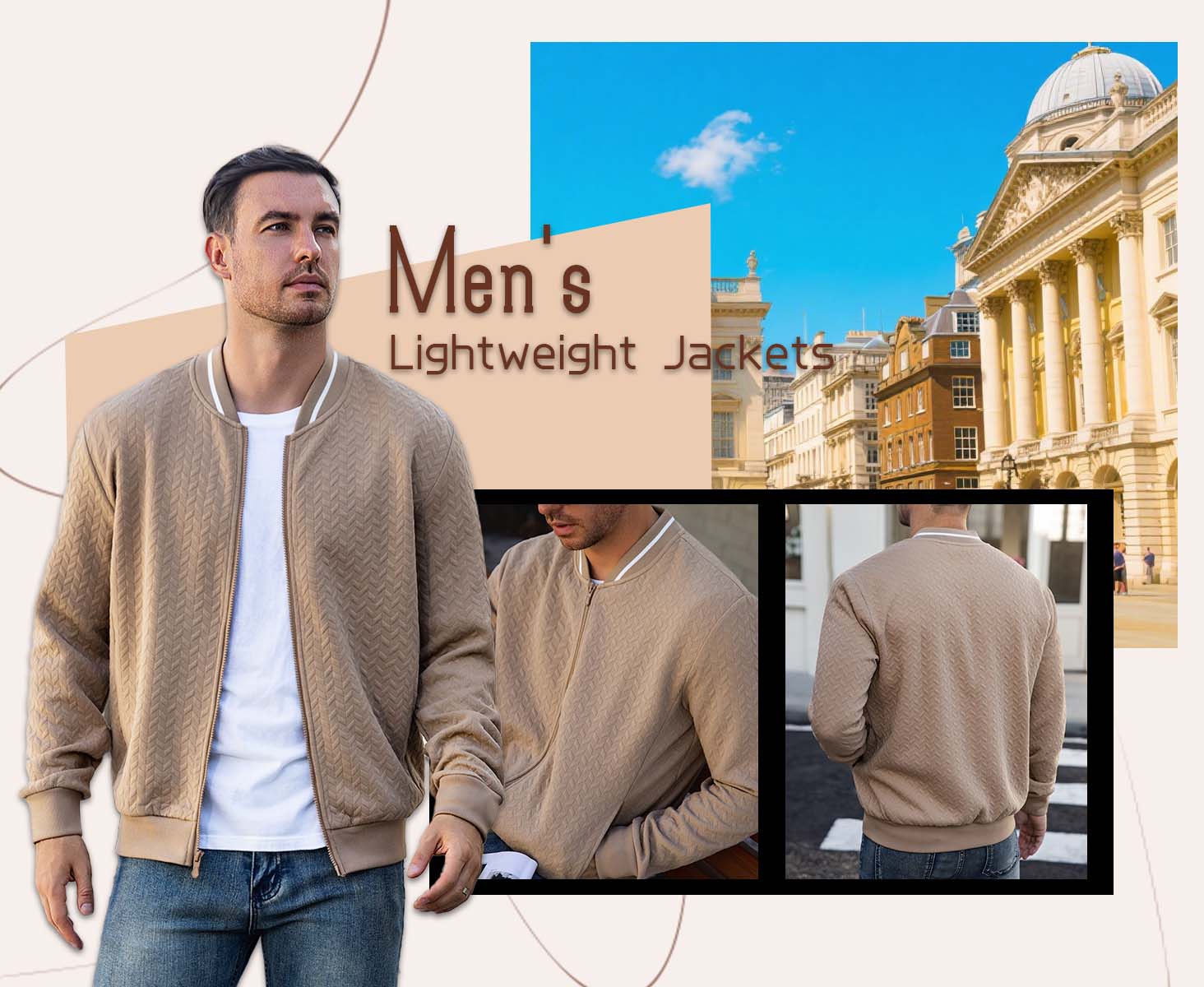Zaitun Men's Casual Varsity Bomber Coat - Lightweight Fitted Polyester Tops with Stand Collar, Long Sleeves, Zip-Up for Fall Winter, Plain Design, Beads Accents, Easy Jacket for Errands and Outings
