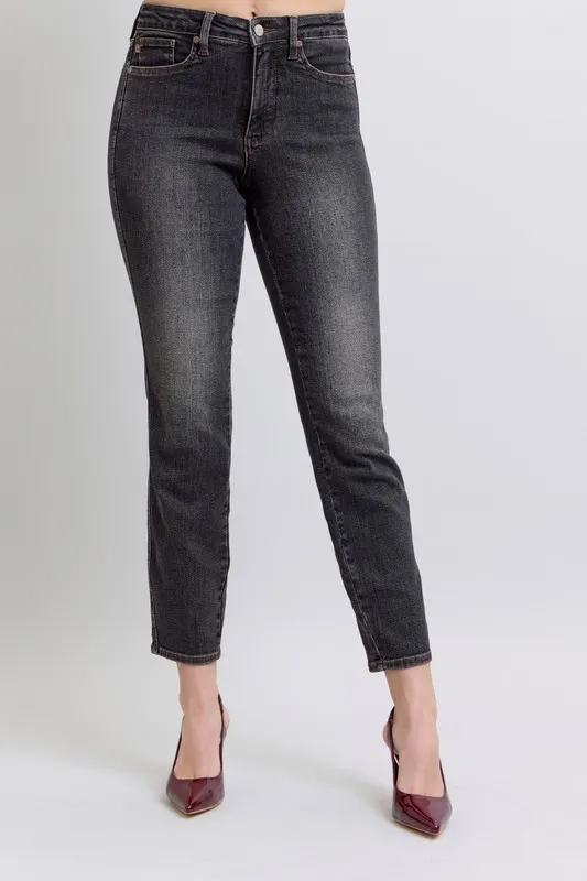 Blue Full Size Midi Rise Tummy Control Slim Jeans Plus Size
