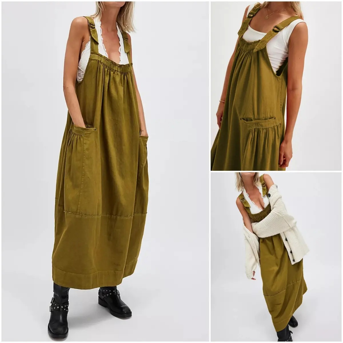 Women's Adjustable Straps Barrel Midi Dress Sleeveless Casual Midi Dress with Side Pockets for Summer Beach Vacation