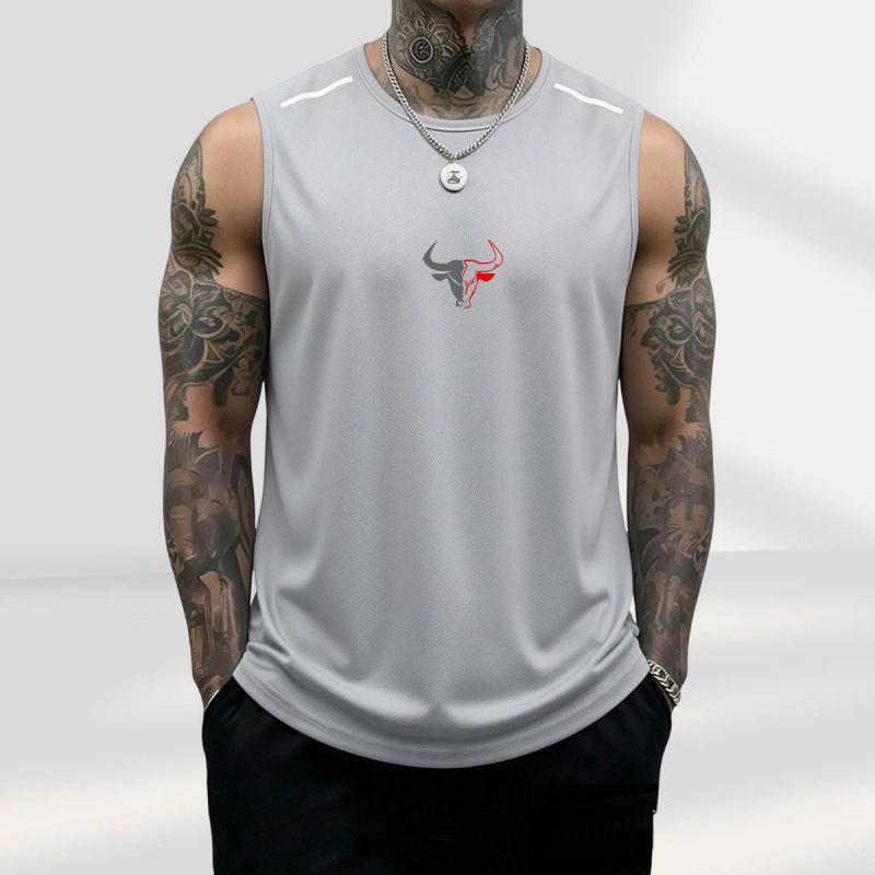 Men's 3-Pack Sleeveless Athletic Vests with Bull Image Graphic, Casual Polyester Muscle Tank Tops for Summer Fitness, 3Pcs, Father&rsquo;s Day, Black + Light Gray + Red, Sleeveless Athletic Top Vests, Bodybuilding, Male, Breathable Sports Vest, Fashion Gym Top