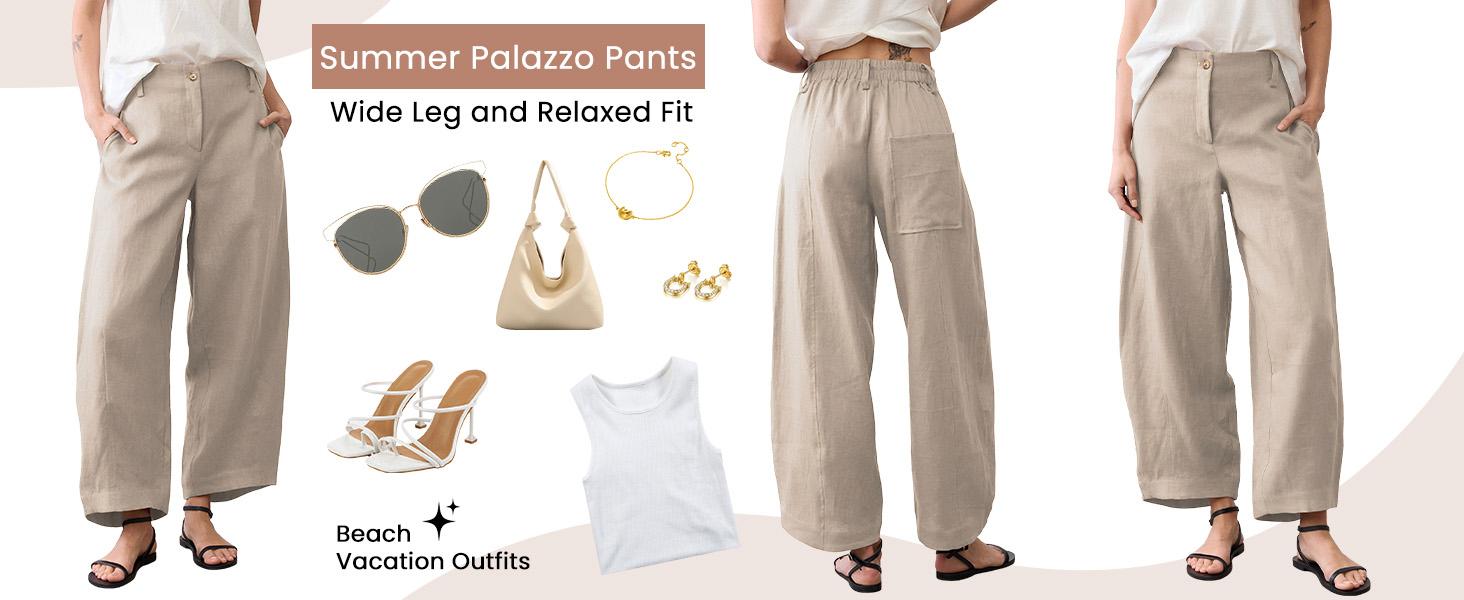 Tanming Women's Casual Baggy Linen Blend Pants, High Waisted Pull On Wide Leg Style with Pockets for Summer, Bottom, Cotton, Zip Tanming Women's Casual Baggy Linen Blend Pants, High Waisted Pull On Wide Leg Style with Pockets for Summer, Bottom, Cotton, Zip