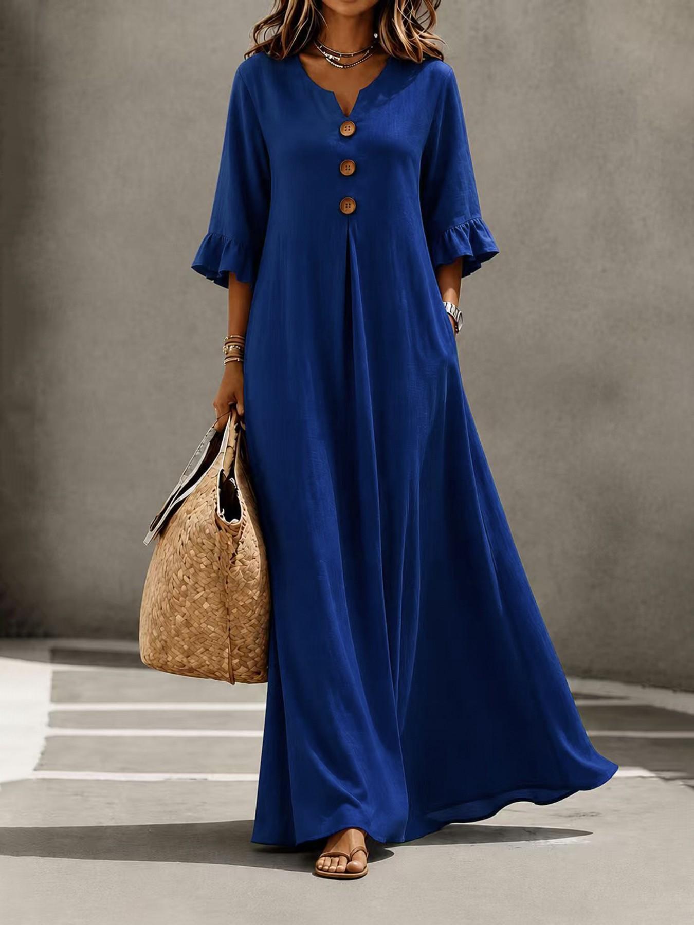 Women's Boho Aesthetic Style Solid V-Neck Dress with Wooden Buttons and Ruffle Sleeves, Loose-Fit A-Line Skirt, Fall & Winter Casual Wear Women's Boho Aesthetic Style Solid V-Neck Dress with Wooden Buttons and Ruffle Sleeves, Loose-Fit A-Line Skirt, Fall & Winter Casual Wear