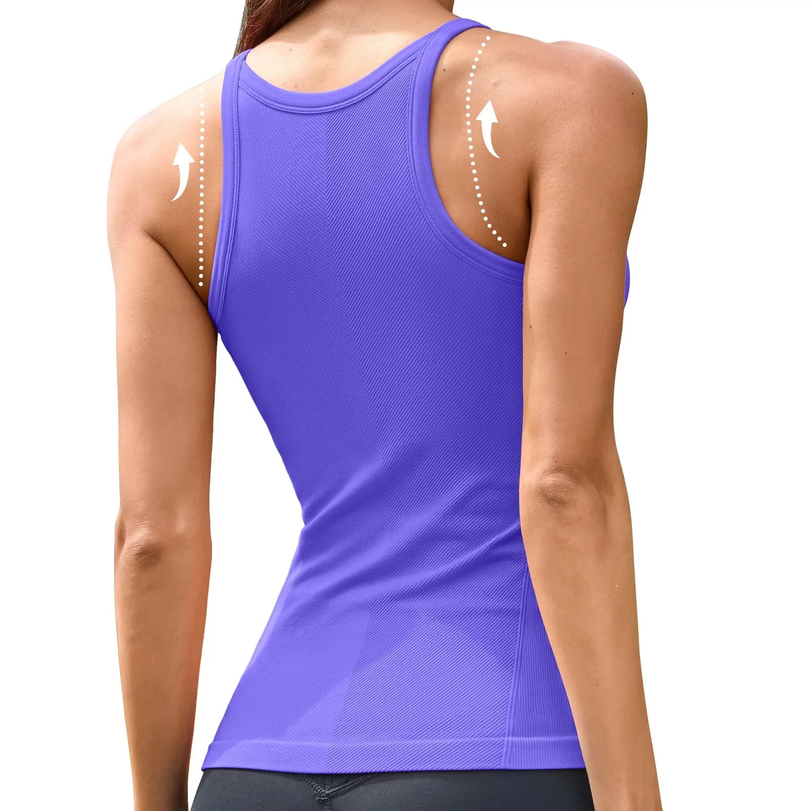 Women's Seamless Ribbed Racerback Tank Top Crew Neck Athletic Workout Camisole with Built-In Bra
