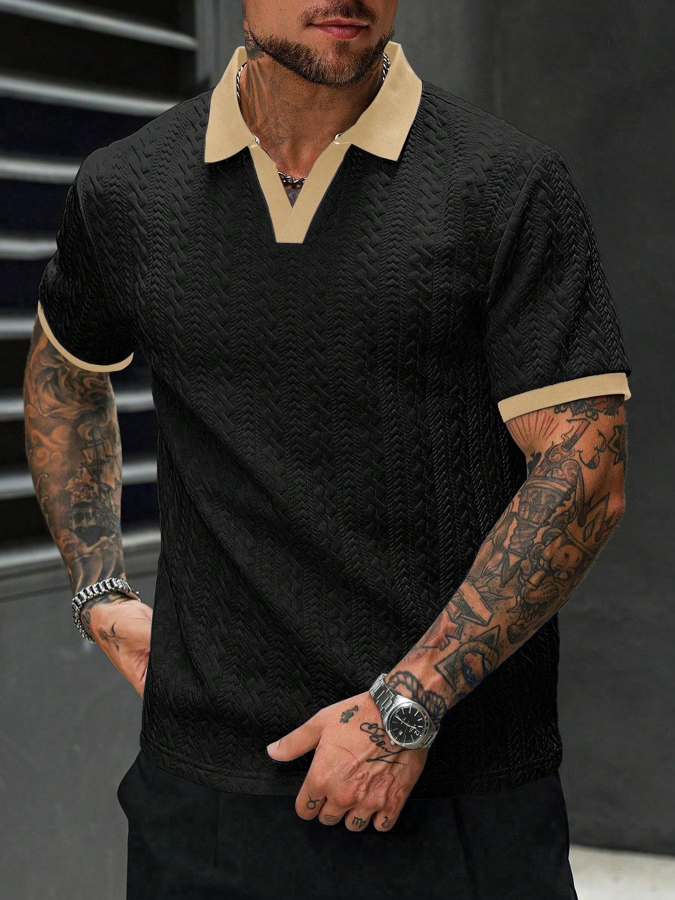 CasualCool men&rsquo;s contrast color short-sleeve casual commuter polo shirt; men&rsquo;s knitted polo shirt; cream polo shirt; men&rsquo;s V-neck knitted shirt; men&rsquo;s short-sleeve sweater polo; men&rsquo;s textured polo shirt; old money style tiktokshopspringglowup,summervibes