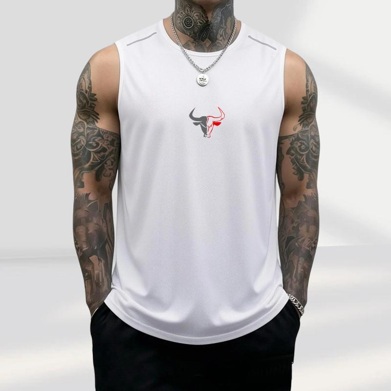 Men's 3-Pack Sleeveless Athletic Vests with Bull Image Graphic, Casual Polyester Muscle Tank Tops for Summer Fitness, 3Pcs, Father&rsquo;s Day, Black + Light Gray + Red, Sleeveless Athletic Top Vests, Bodybuilding, Male, Breathable Sports Vest, Fashion Gym Top