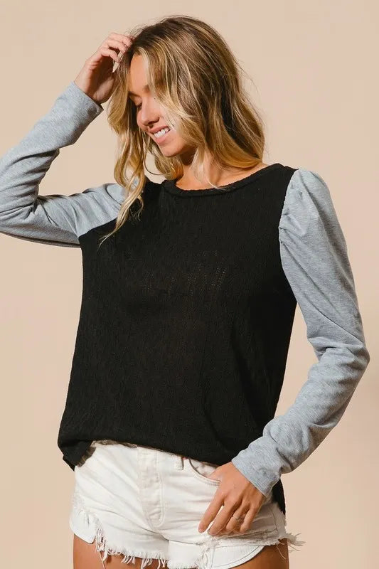 Cable Sweater Knit Top with Contrast Puff Sleeve