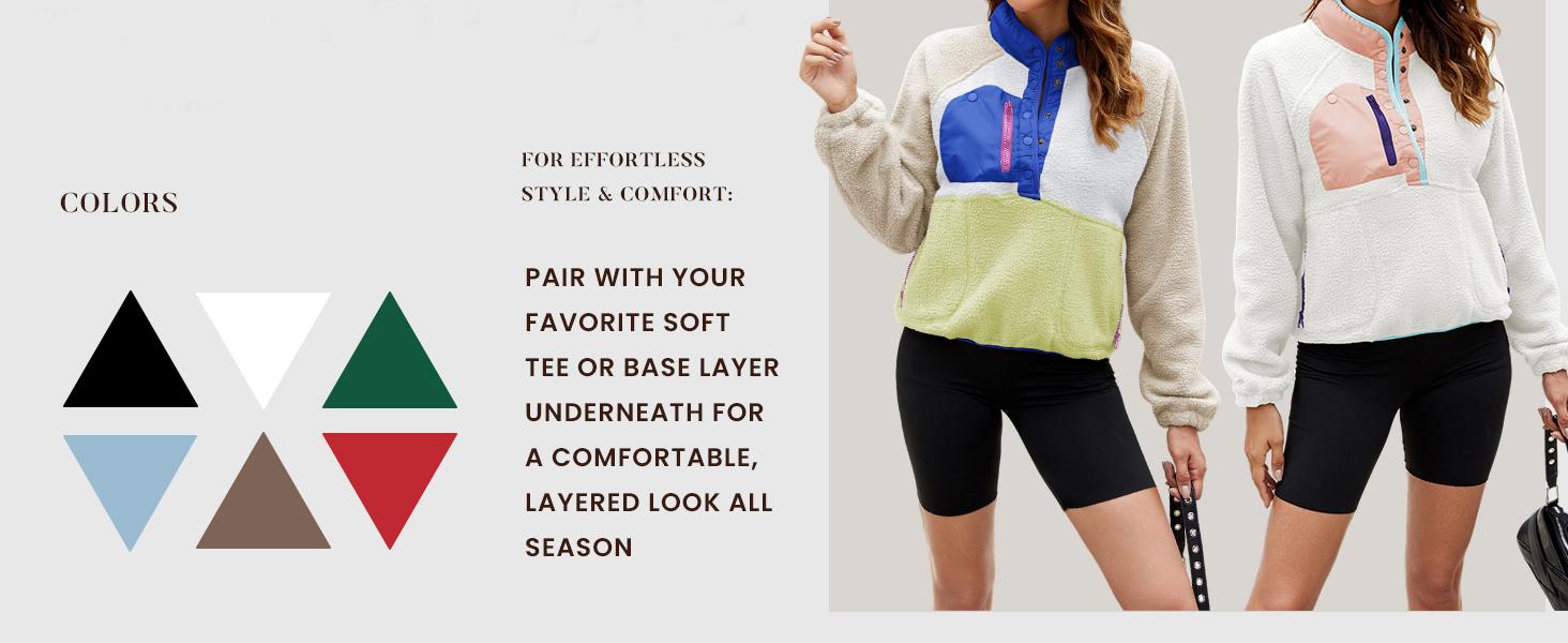Naeduo Women's Lightweight Colorblock Fleece Jacket, Cropped Sherpa Pullover Fashion Apparel with Pockets, Soft Fleece Feels Gentle, Casual, Long Sleeve, Colorblock Pattern, Layering Ready, Clothes, Trending Clothes